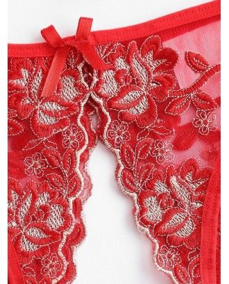 Floral Embroidered Tie Side Crotchless Panty - Red