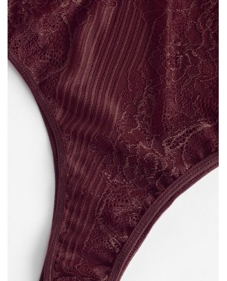 Bowknot Lace High Leg Lingerie Teddy - Red Wine M
