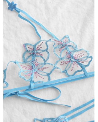 Halter Floral Crotchless Lingerie Set - Blue