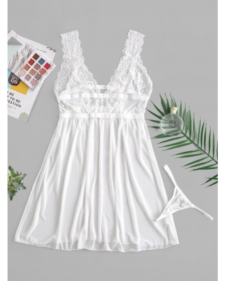 Lace Insert Bowknot Plunging Babydoll - White