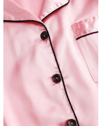 Button Up Piping Satin Pajama Suit - Pig Pink M