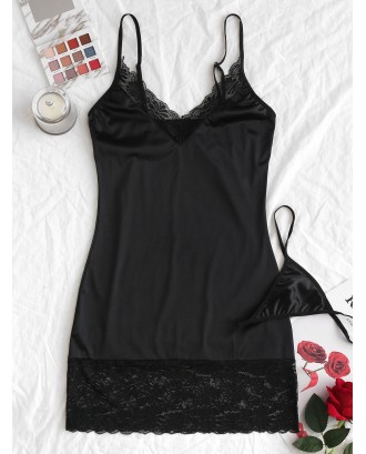 Lace Insert Satin Cami Night Dress - Black S