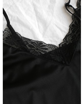 Lace Insert Satin Cami Night Dress - Black S