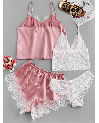 Lace Insert Satin Four Pieces Pajama Set - Pink S