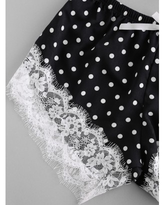 Eyelash Lace Panel Polka Dot Bandeau Pajamas Set - Black S