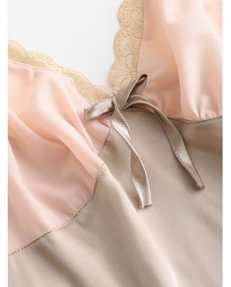 Scalloped Lace Panel Satin Pajama Set - Apricot S