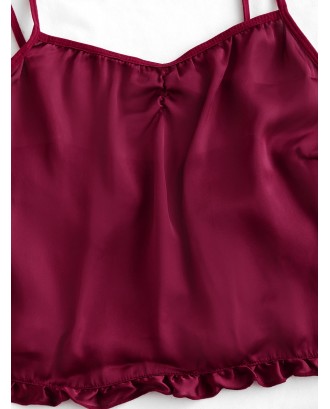 Ruffle Trim Solid Pajama Set - Red Wine M