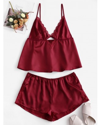 Lace Insert Satin Keyhole Pajama Shorts Set - Red Wine 2xl