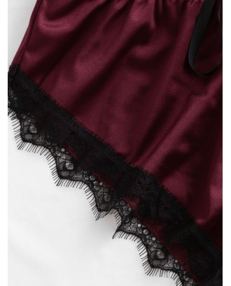 Lace Insert Bowknot Satin Pajama Set - Red Wine M