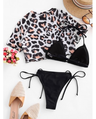  Leopard Tie Side Three Piece Swimsuit - Black M