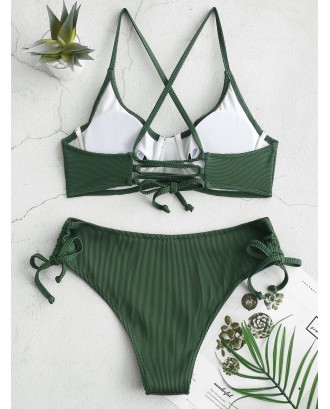  Ribbed Cinched Lace-up Underwire Swimwear Swimsuit - Medium Forest Green L