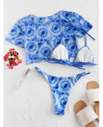  Mesh Tie Dye Halter String Three Piece Swimwear Swimsuit - Dodger Blue M