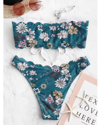  Floral Lace-up Scalloped Bandeau Swimwear Swimsuit - Peacock Blue S
