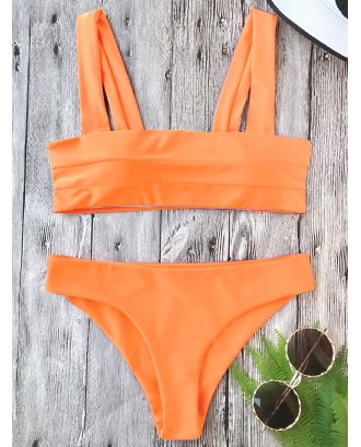 Padded Wide Straps Bandeau Neon Swimwear Set - Neon Orange S