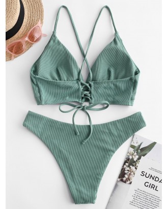  Ribbed Lace Up Cami Swimwear Swimwear - Sea Turtle Green S