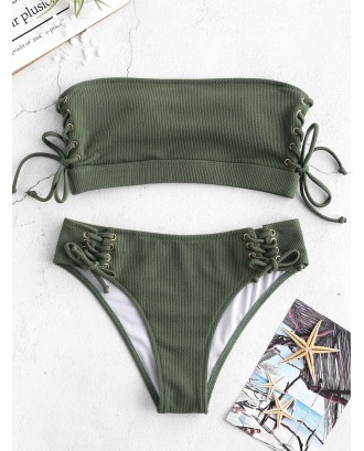  Ribbed Lace Up Bandeau Swimwear Set - Jungle Green M