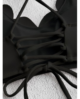  Scalloped Crisscross Lace-up Textured Swimwear Top - Black S