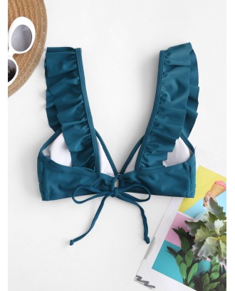  Ruffle Plunging Padded Swimwear Top - Greenish Blue L