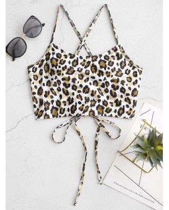  Crisscross Lace-up Leopard Swimwear Top - Multi-a M