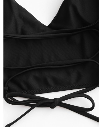  Crisscross Lace-up Cropped Swimwear Top - Black S