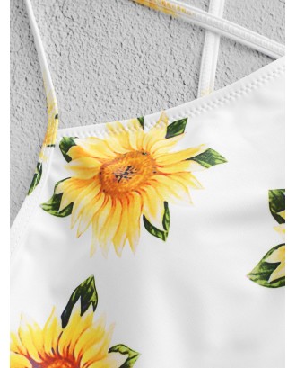  Sunflower Print Lace-up Cropped Swimwear Top - White M