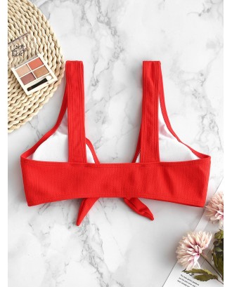  Ribbed Tied Plunging Swimwear Top - Red S