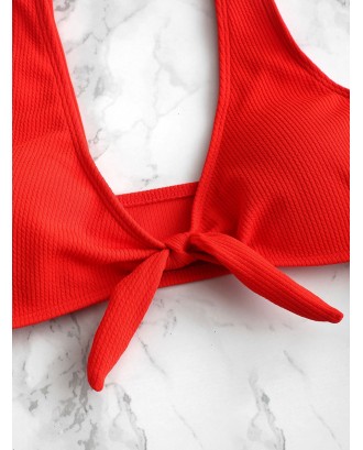  Ribbed Tied Plunging Swimwear Top - Red S