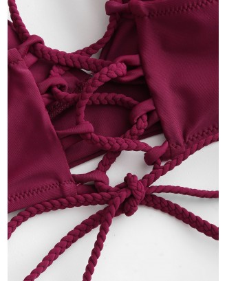  Braided Straps Lace Up Padded Swimwear Top - Maroon M