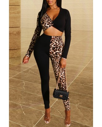Lovely Casual Patchwork Leopard Printed Two-piece Pants Set
