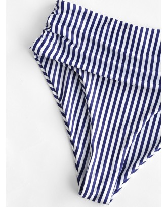  Vertical Striped Ruched High Waisted Swimwear Bottom - Denim Dark Blue M