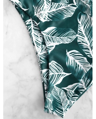  Leaf Print High Cut Swimwear Bottom - Medium Sea Green L