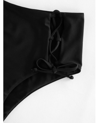  Lace Up High Waisted Plain Swimwear Bottom - Black S