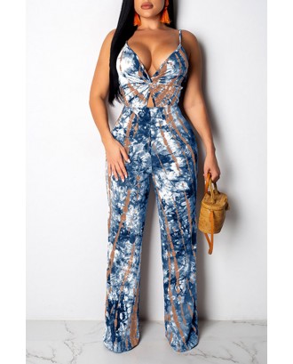 Lovely Beautiful Spaghetti Straps Printed Blue One-piece Jumpsuit