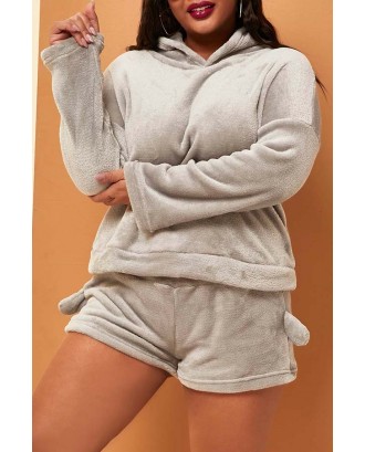 Lovely Casual Hooded Collar Grey Plus Size Two-piece Shorts Set