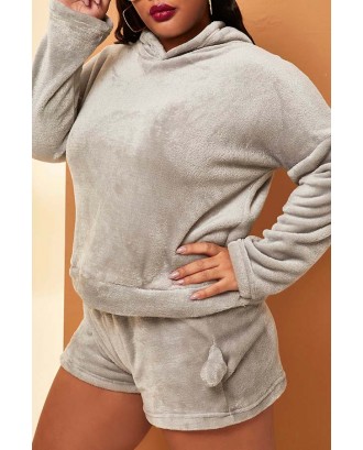 Lovely Casual Hooded Collar Grey Plus Size Two-piece Shorts Set