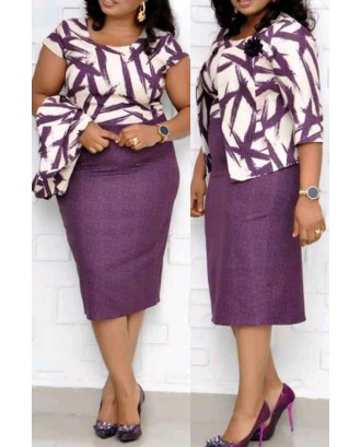 Lovely Casual O Neck Printed Purple Plus Size Two-piece Skirt Set