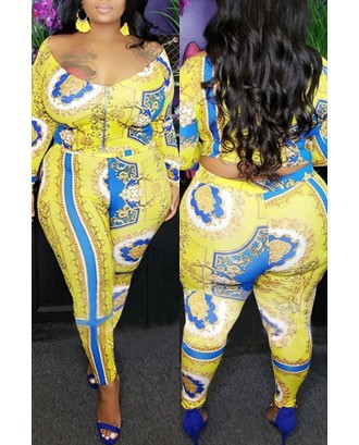 Lovely Casual Printed Yellow Plus Size Two-piece Pants Set