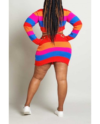 Lovely Casual Striped Multicolor Plus Size Two-piece Skirt Set