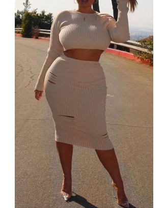 Lovely Casual Crop Top White Plus Size Two-piece Skirt Set