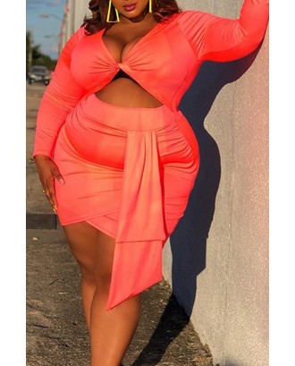 Lovely Casual Cross-over Design Orange Plus Size Two-piece Skirt Set