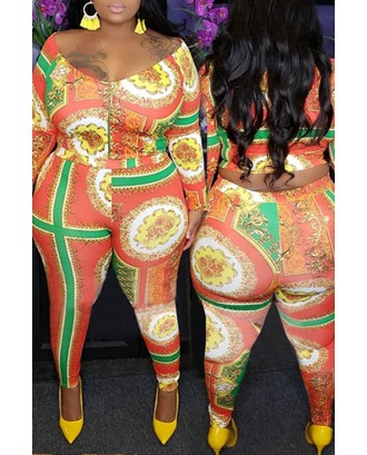 Lovely Casual Printed Orange Plus Size Two-piece Pants Set