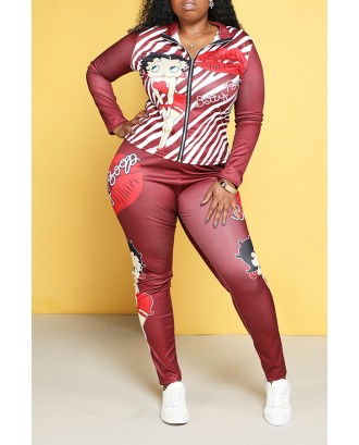 Lovely Trendy Printed Red Plus Size Two-piece Pants Set