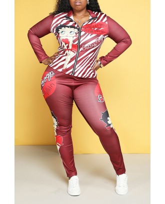 Lovely Trendy Printed Red Plus Size Two-piece Pants Set