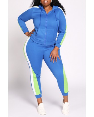 Lovely Casual Patchwork Royal Blue Plus Size Two-piece Pants Set