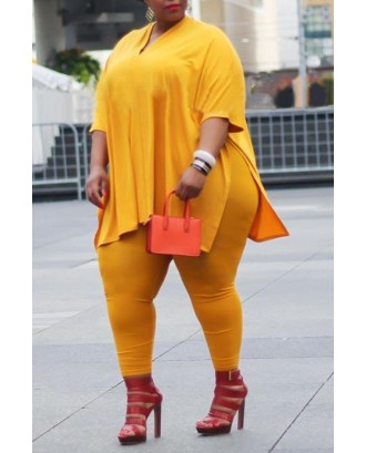 Lovely Chic Basic Yellow Plus Size Two-piece Pants Set