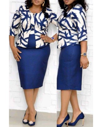 Lovely Casual O Neck Printed Blue Plus Size Two-piece Skirt Set