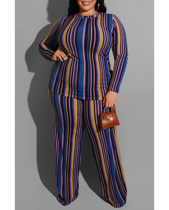 Lovely Casual Striped Blue Plus Size Two-piece Pants Set