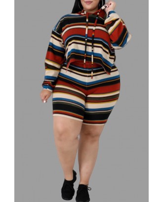 Lovely Casual Hooded Collar Striped Printed Multicolor Plus Size Two-piece Shorts Set