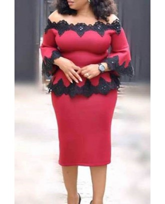 Lovely Trendy Flounce Design Red Plus Size Two-piece Skirt Set