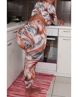 Lovely Casual Crop Top Printed Multicolor Plus Size Two-piece Pants Set